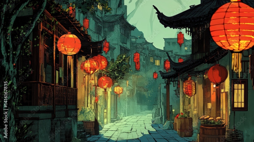Naklejka premium Asian Street at Night: An enchanting Asian street scene at night, illuminated by the warm glow of traditional red lanterns hanging from buildings.