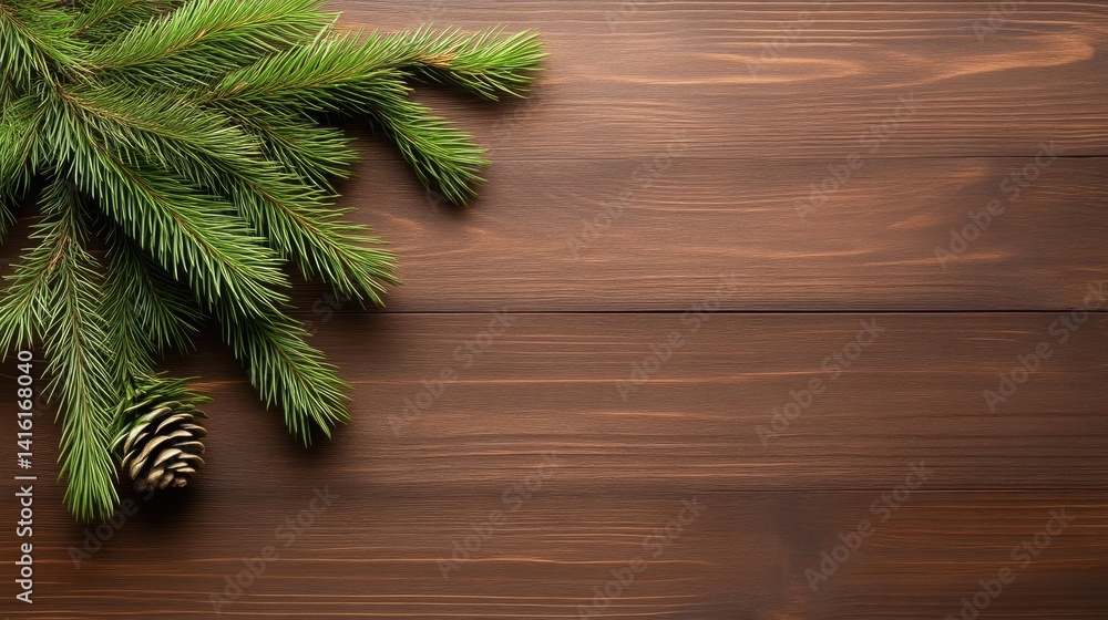 Festive Christmas sprigs and cone on a wooden table Festive Christmas sprigs and cone on a wooden table