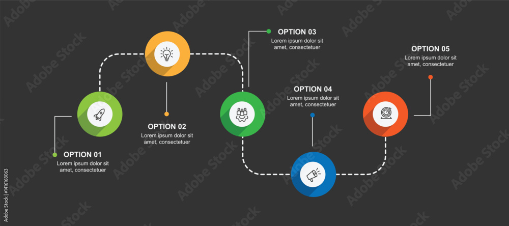 Fototapeta premium 5 step infographic template vector element. Line direction connected with icons can be used for workflow, business information and banner presentation 