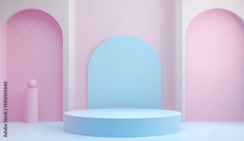 Pastel pink and blue archway backdrop with a round platform. Pastel pink and blue archway backdrop with a round platform.