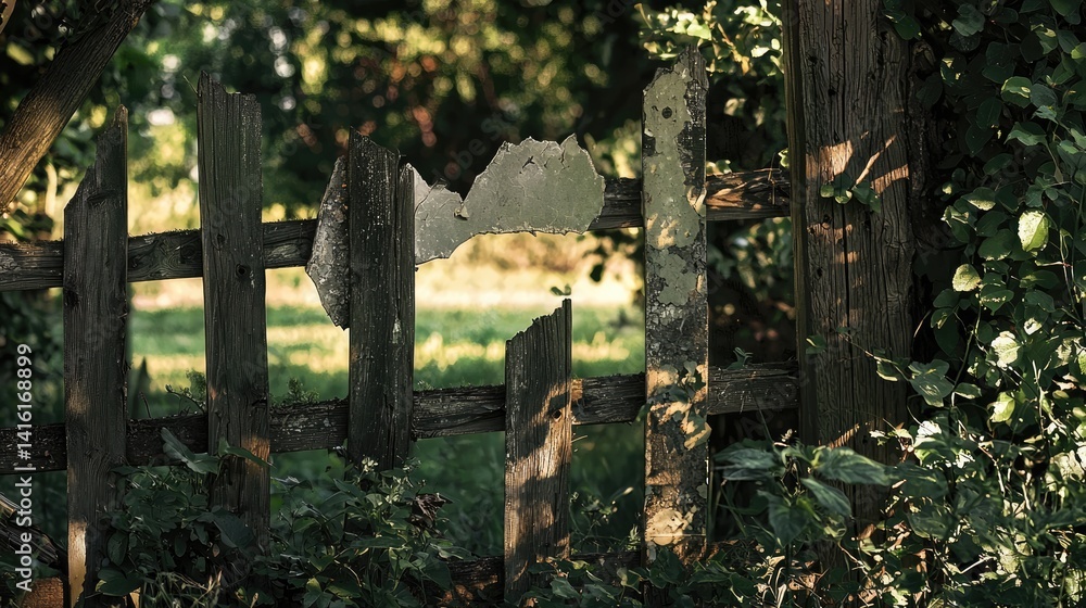 Naklejka premium Weathered Wooden Fence with Chipped Paint Surrounded by Lush Greenery in Soft Natural Light