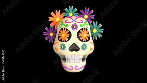 skull with decor and flowers front view