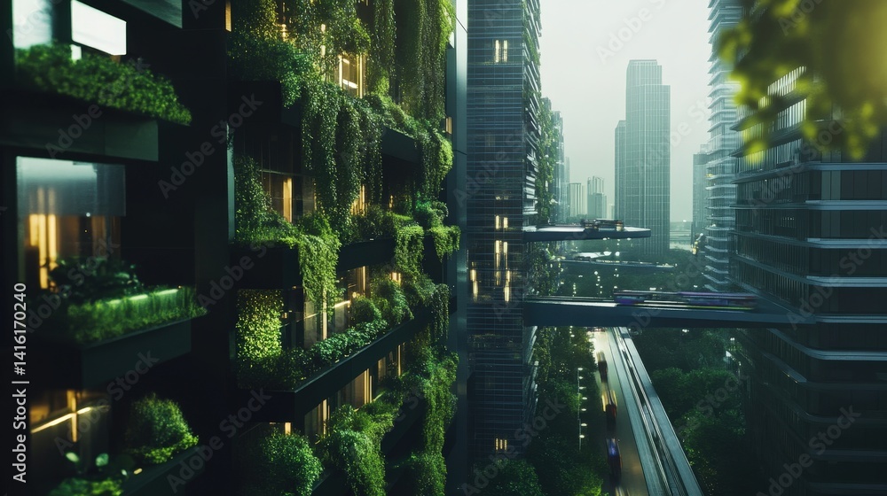Obraz premium Green Cityscape: A futuristic cityscape where lush greenery thrives on the exterior of modern buildings, showcasing a harmonious blend of nature and urban development.