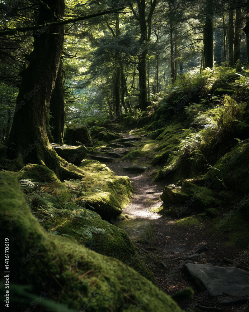 Deep green forest with winding trails covered in moss, offering a secluded and serene atmosphere Deep green forest with winding trails covered in moss, offering a secluded and serene atmosphere