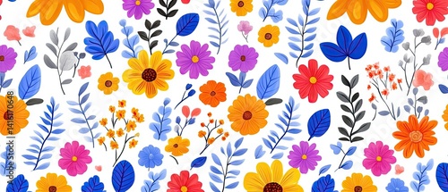 Colorful floral pattern with various flowers and leaves