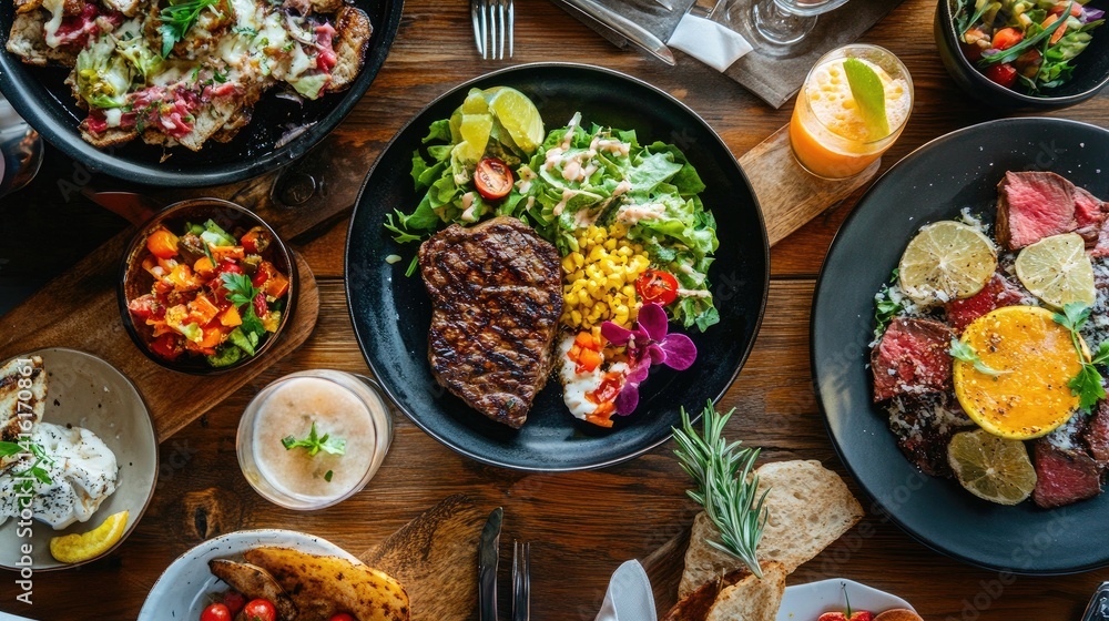 Exquisite spread of diverse dishes creating a vibrant culinary experience Exquisite spread of diverse dishes creating a vibrant culinary experience