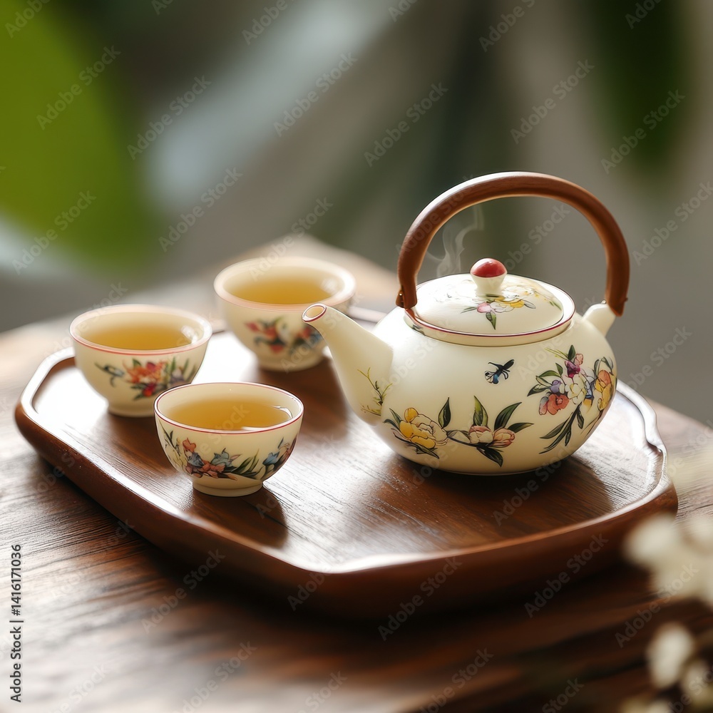 Floral Ceramic Teapot Set on Wooden Tray Floral Ceramic Teapot Set on Wooden Tray