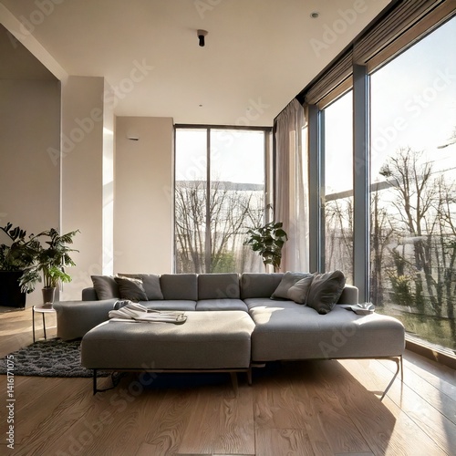 A modern minimalist living room with a grey L-shaped sofa, large windows, and natural sunlight pouring in