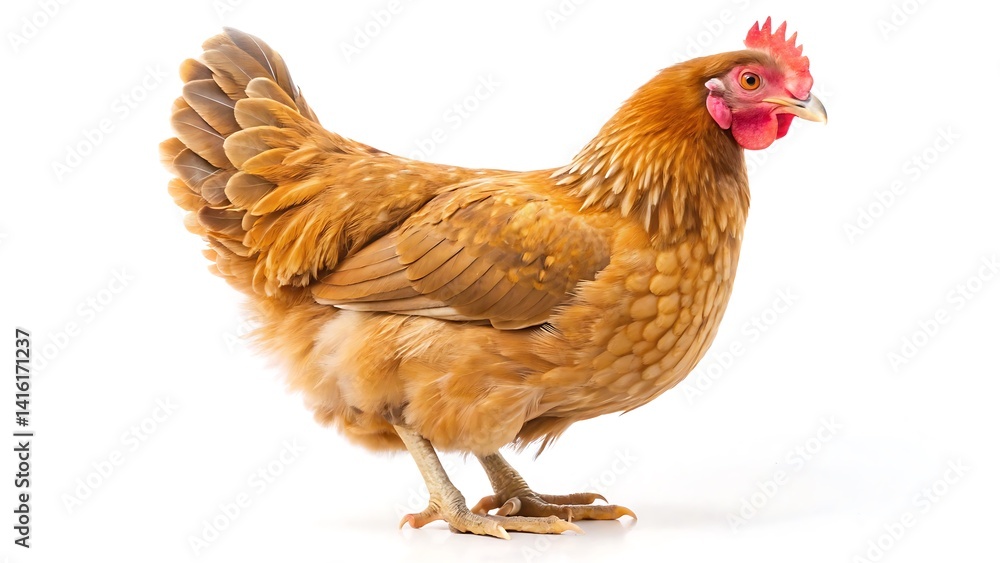 Fototapeta premium Full body of brown chicken hen standing isolated on white background