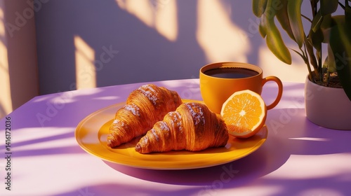 Delicious Croissants  Coffee  and Orange Slices