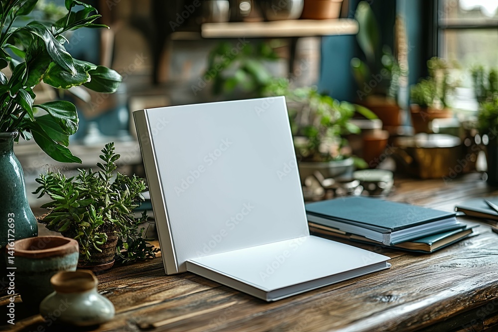 A blank book is shown on a wooden table surrounded by plants A blank book is shown on a wooden table surrounded by plants