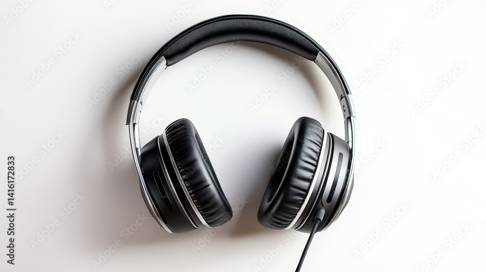 Fototapeta premium Headphones Clarity: A detailed overhead shot of modern black headphones, symbolizing the purity of sound and clarity in a minimalistic style.