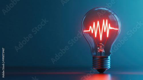 glowing lightbulb with red heartbeat waveform inside creates striking visual effect, symbolizing energy and vitality. contrast against blue background enhances its modern aesthetic
