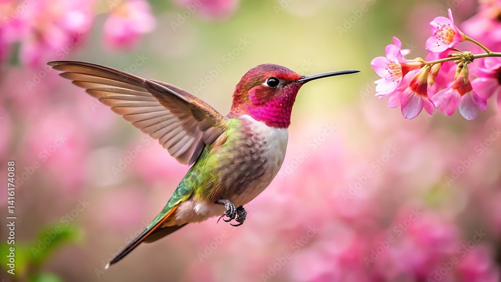 Fototapeta premium Vibrant Hummingbird Hovering by Red Blossoms in a Lush Garden