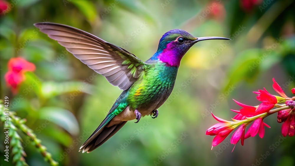 Fototapeta premium Vibrant Hummingbird Hovering by Red Blossoms in a Lush Garden