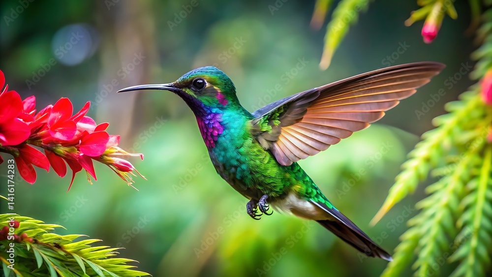 Fototapeta premium Vibrant Hummingbird Hovering by Red Blossoms in a Lush Garden