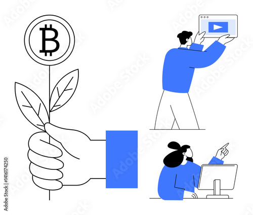 Hand holding plant with Bitcoin symbol, person holding device, team discussing at computer. Ideal for cryptocurrency, teamwork, sustainability, education, technology, innovation simple landing page