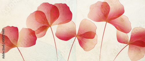 Abstract floral art background with pink transparent flowers in line art style with watercolor texture. Botanical banner for decor, print, textile, poster, wallpaper, interior design.