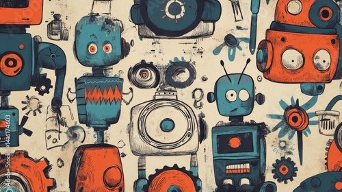 Retro Robot Crew: A whimsical collection of vintage-style robots, each with unique features and expressions, creates a playful and nostalgic pattern.  