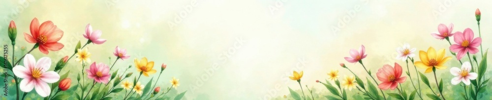 Naklejka premium Abstract watercolor spring background with fresh greenery and blooming flowers in soft pastel colors , blooming, abstract, greenery