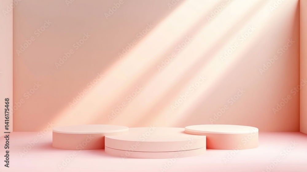 Three pastel pink circular podiums illuminated by sunlight. Three pastel pink circular podiums illuminated by sunlight.