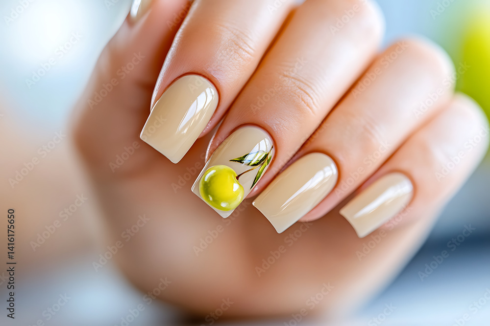 A hand displaying polished nails one featuring a 3D yellow fruit design with leaves.