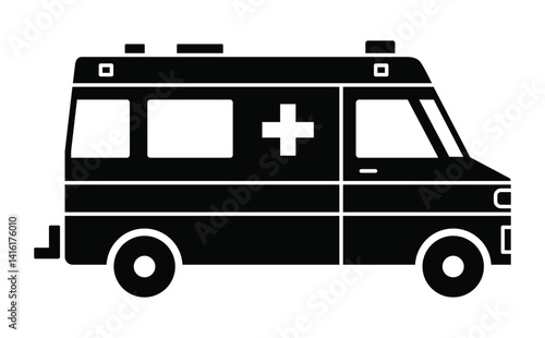 Black single ambulance car glyph icon, simple emergency medical service vehicle flat design infographic element for app ui ux web button, interface pictogram elements isolated on white background