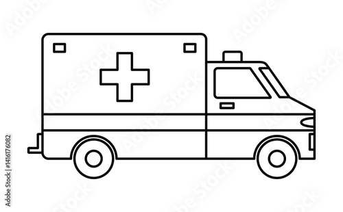 Black single ambulance car line icon, simple emergency medical service vehicle flat design illustration drawing for app ui ux web button interface pictogram elements isolated on white background