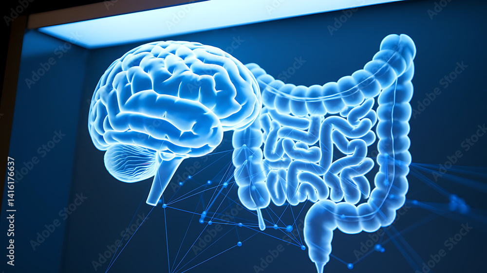 Glowing blue anatomical rendering of a human brain connected to the intestines via a network.