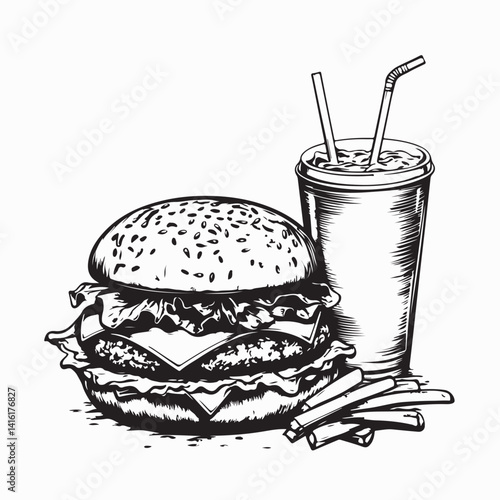Delicious Cheeseburger With Cola And Potato Fries image vector isolated on white background.