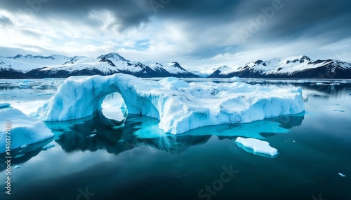 Scenic Arctic Landscape with Iceberg and Snow-Capped Mountains Reflecting in the Calm Water