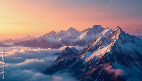 Majestic Mountain Range Above Clouds at Sunset in Stunning View