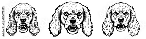 Vector outline of a Cocker Spaniel dog furious and barking faces