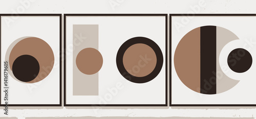 Abstract Geometric Art Prints Set_Modern Circle and Rectangle Shapes Wall Decor_Neutral Tone Artwork for Living Room and Office_Framed Minimalist Design