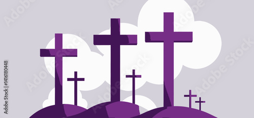 Purple Crosses on Calvary Hill Illustration for Easter Sunday_Religious Theme_Christian Symbolism_Spiritual Background Image_Faith and Hope Visual