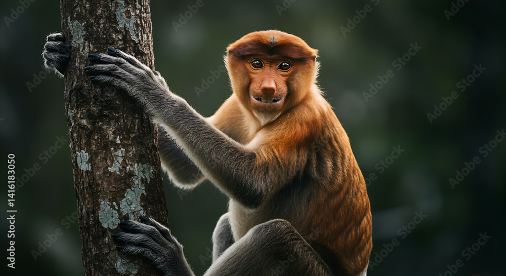Naklejka premium Borneo Proboscis Monkey Climbing a Tree in Rainforest.
