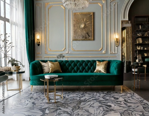 Luxurious living room with a velvet emerald green sofa, gold accents, and a marble floor
