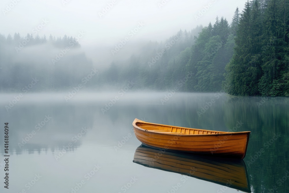 A yellow wooden boat floats serenely on a tranquil lake. Mist envelops the surrounding forest, creating a peaceful atmosphere in the early morning light A yellow wooden boat floats serenely on a tranquil lake. Mist envelops the surrounding forest, creating a peaceful atmosphere in the early morning light