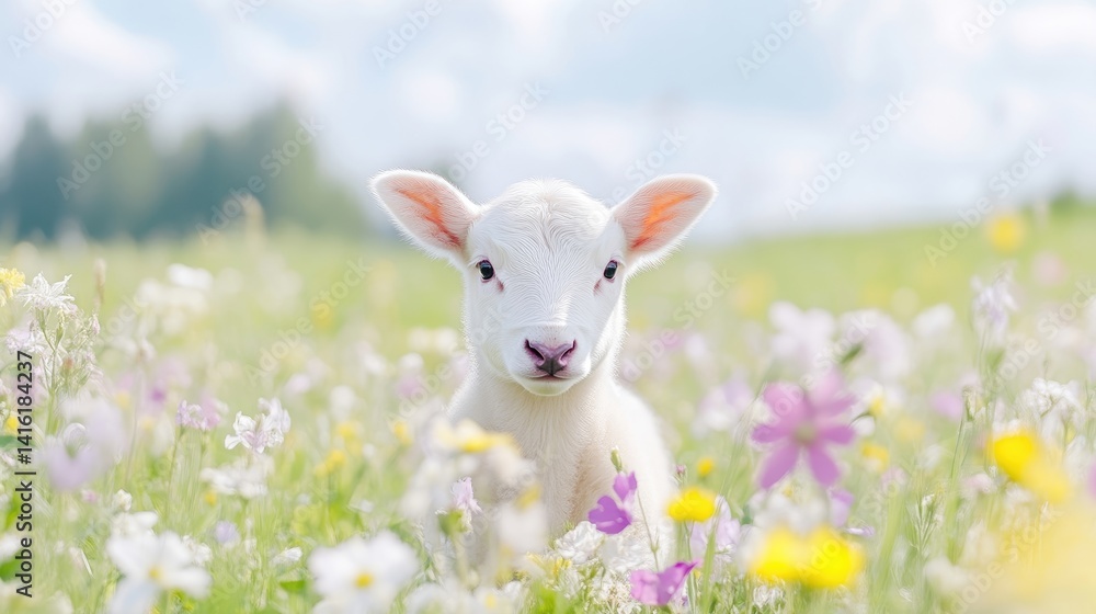 Fototapeta premium Fluffy lamb in a meadow of flowers