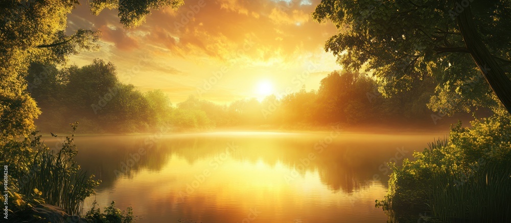 Obraz premium A tranquil sunrise illuminates a serene lake surrounded by trees