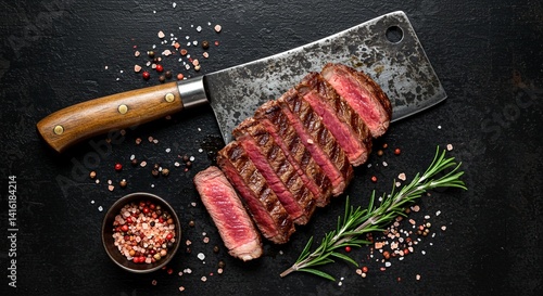 Aged butcher knife with grilled steak slices on top, juicy medium rare meat