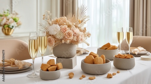 Wallpaper Mural Elegant dining table set with a beautiful vase of fresh flowers and a plate of delicious food creating a cozy atmosphere Torontodigital.ca