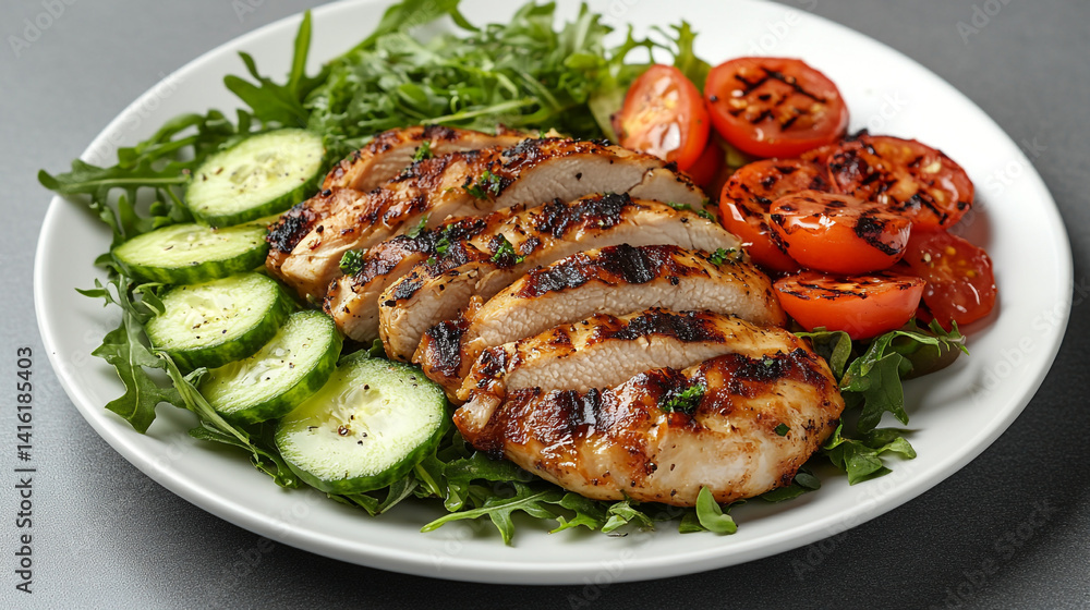 Delicious grilled chicken salad with cucumber and tomatoes healthy eating recipe. Delicious grilled chicken salad with cucumber and tomatoes healthy eating recipe.