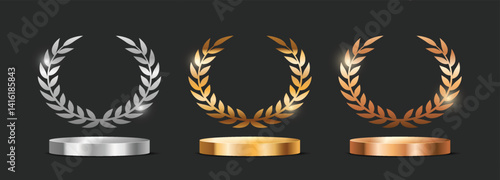 Award golden, silver, bronze with podium and laurel wreath. Luxury badge medals trophy nomine 