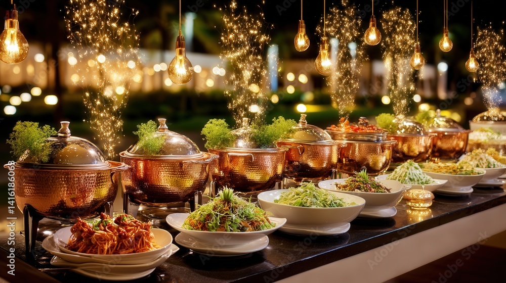 An impressive buffet spread featuring a diverse range of mouthwatering dishes prepared for a grand celebration An impressive buffet spread featuring a diverse range of mouthwatering dishes prepared for a grand celebration
