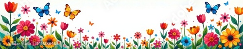 Obraz na płótnie Colorful doodle banner with garden flowers and butterflies, butterflies, illustration, garden w salonie