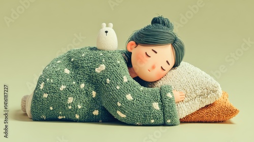 3d illustration, cute cartoon young beautiful woman sleeping,photo stock