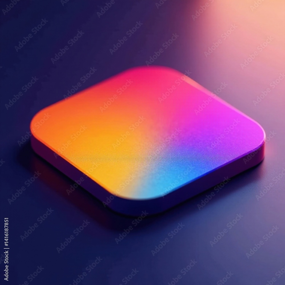 Close-up of vibrant gradient app icon with subtle shadows and reflections on a flat surface, software, tech, UI Close-up of vibrant gradient app icon with subtle shadows and reflections on a flat surface, software, tech, UI
