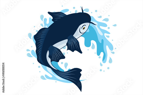 Tuna fish vector. Hand drawn sea fish jumping in the water. Highly nutritious seafood ingredients for health
