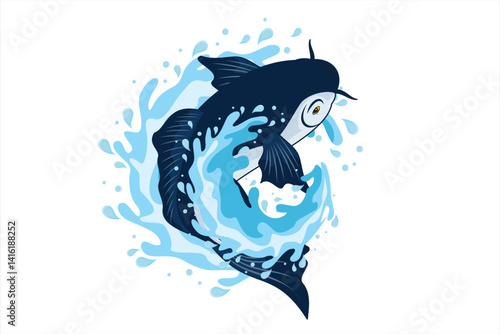 Tuna fish vector. Hand drawn sea fish jumping in the water. Highly nutritious seafood ingredients for health
